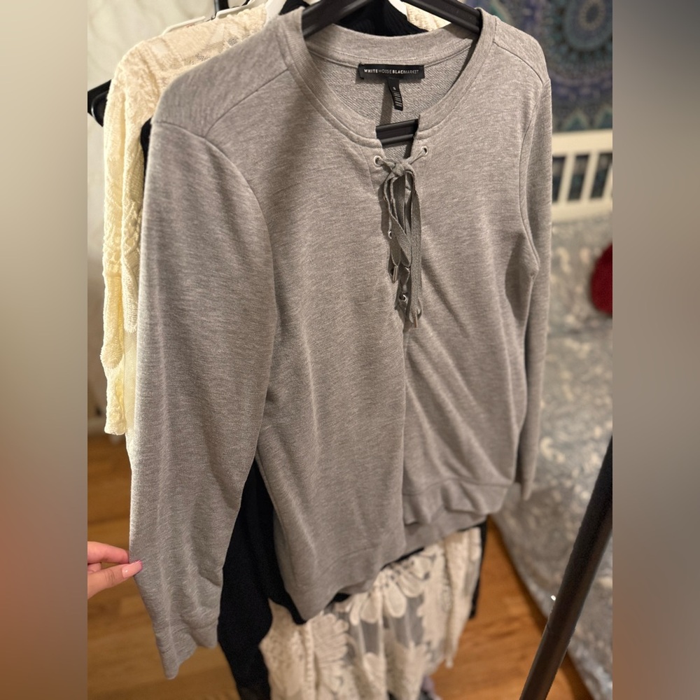 White House Black Market Gray Lace-Up Sweatshirt